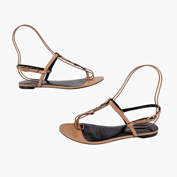 Saint Laurent Cassandra YSL T-Strap Flat Sandals Tan Leather Size 37 US 7 Women - Picture 8 of 15